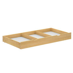Natural wood under-bed storage drawer with dividers, perfect for maximizing bedroom space.