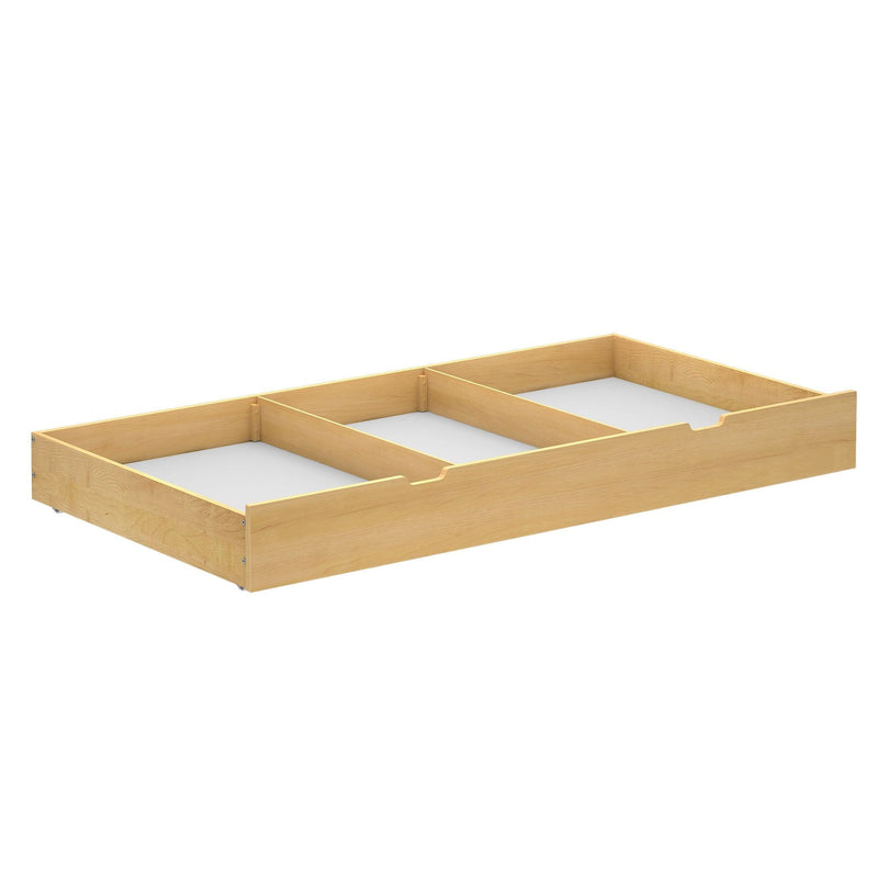 Natural wood under-bed storage drawer with dividers, perfect for maximizing bedroom space.