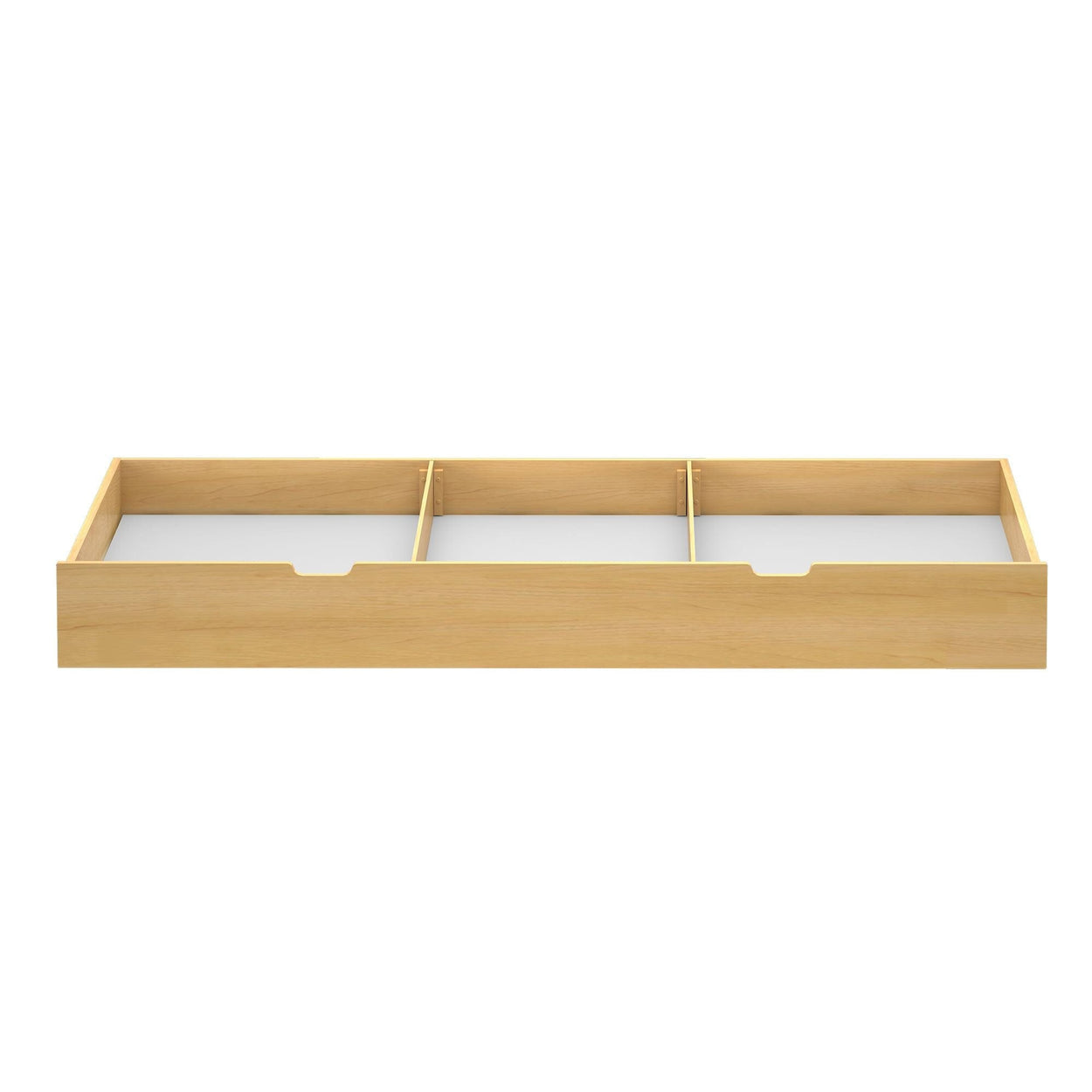 Wooden under bed storage drawer with dividers, suitable for organizing clothes and accessories.