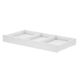 White underbed storage drawer with three compartments for space-saving organization.