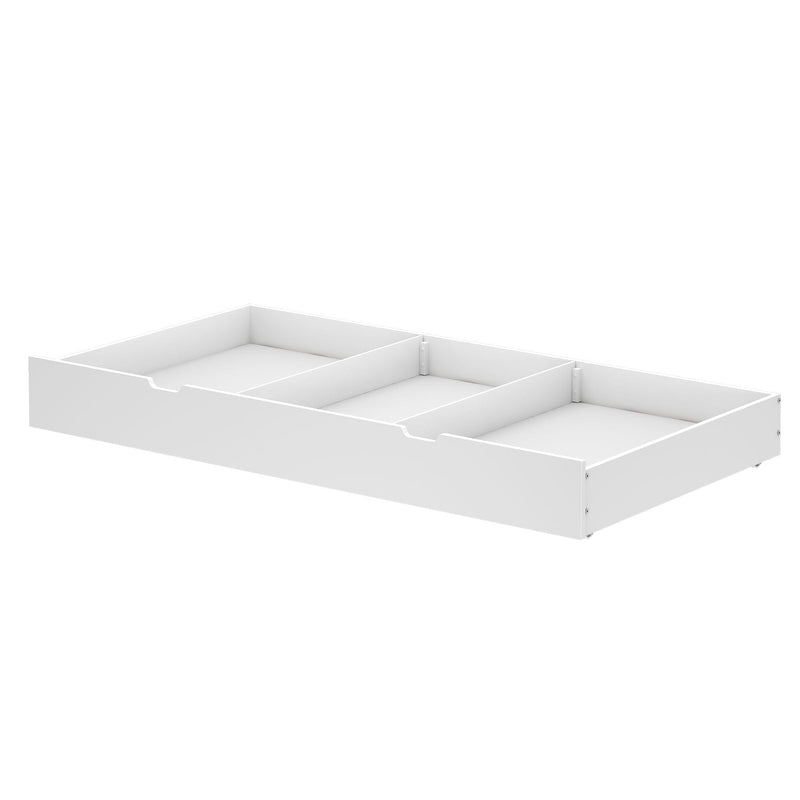 White underbed storage drawer with three compartments for space-saving organization.