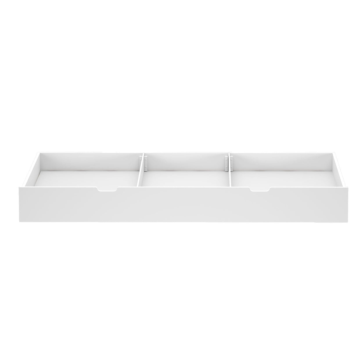 White under-bed storage drawer with three compartments for optimized space-saving organization.