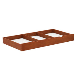 Under bed storage drawer in rich cherry wood finish with three compartments.