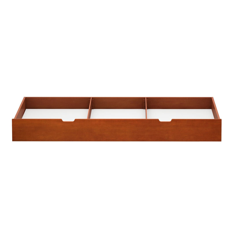 Wooden storage bed drawer with three compartments for bedroom organization.