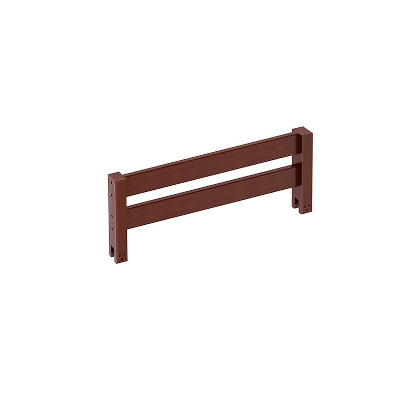 Dark brown wooden bed frame side rail with two horizontal slats on white background