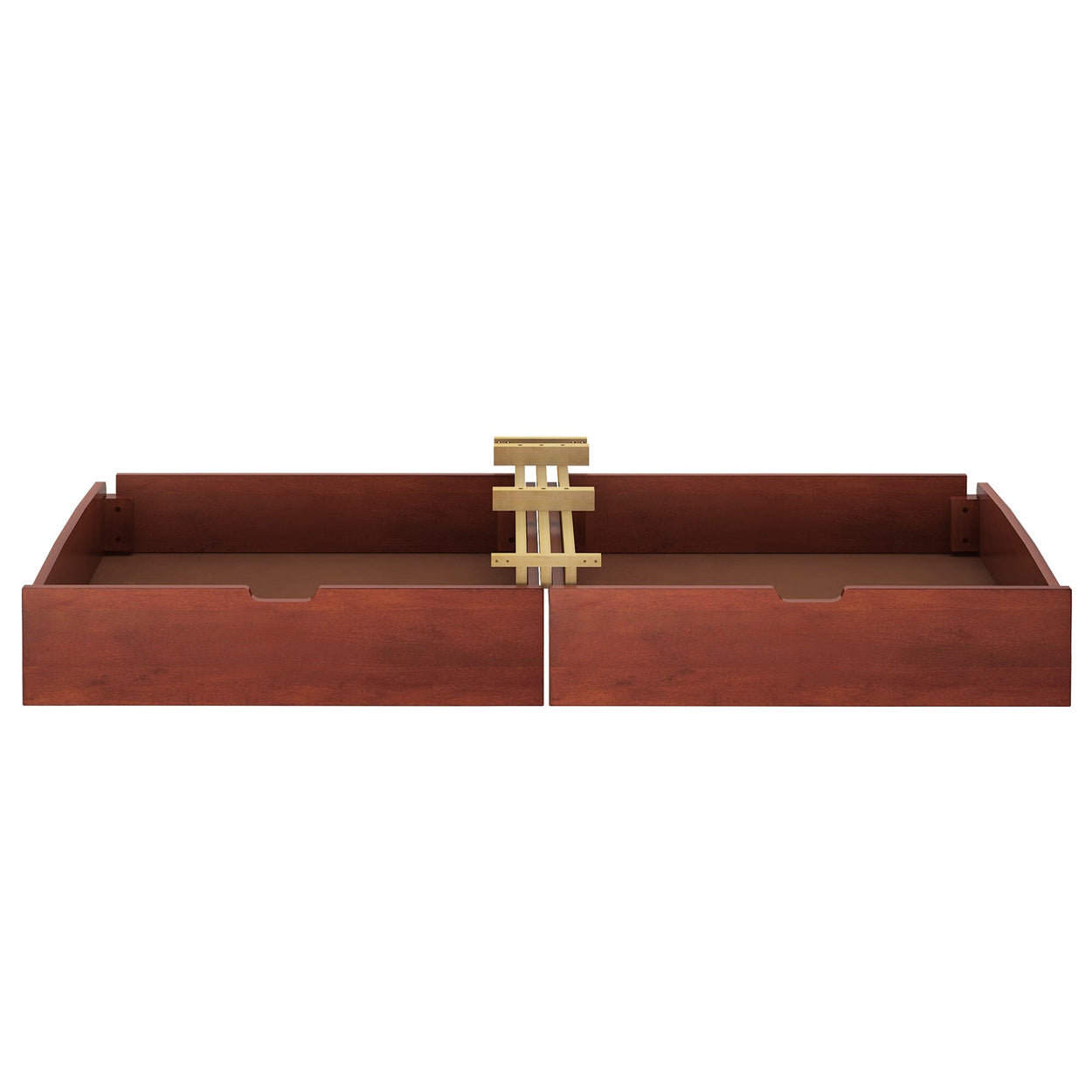 Brown wooden bed frame components with a center support beam, suitable for queen-sized mattresses.