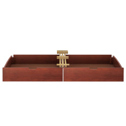 Brown wooden bed frame components with a center support beam, suitable for queen-sized mattresses.