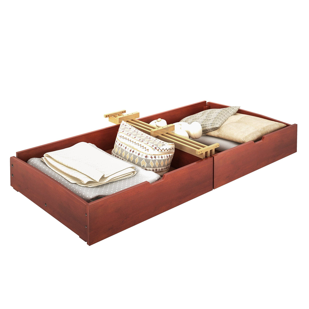 Wooden under-bed storage drawers with fabric organizers and folded blankets.