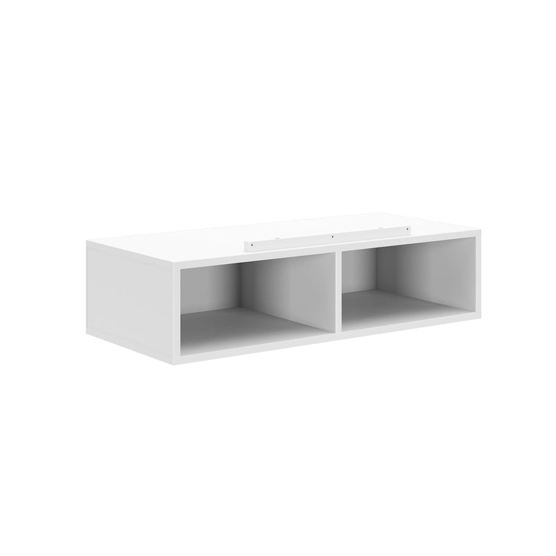 White floating wall shelf with two open compartments for home storage solutions.