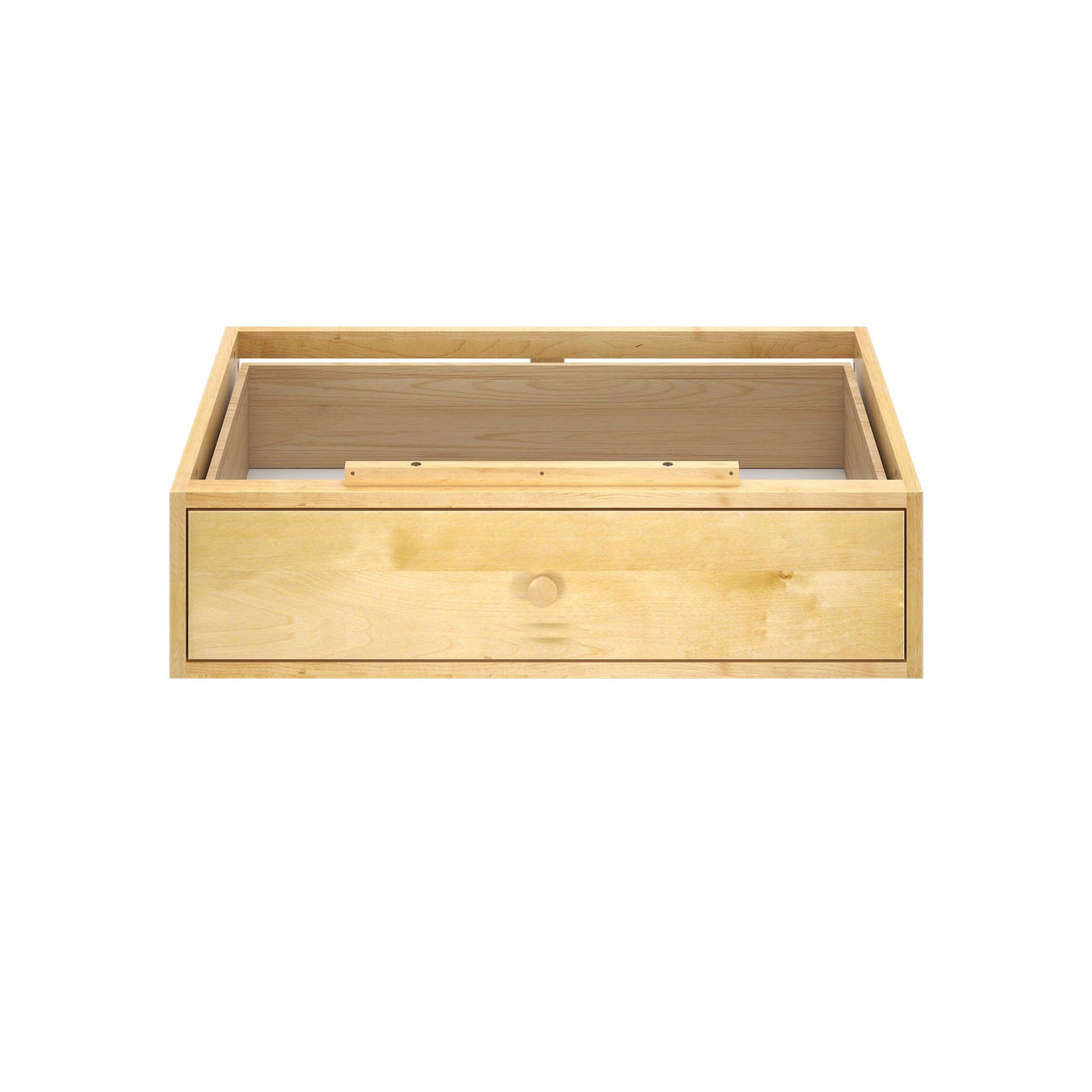 Natural wood storage box with drawer, front view on white background.