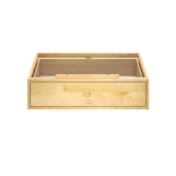 Natural wood storage box with drawer, front view on white background.
