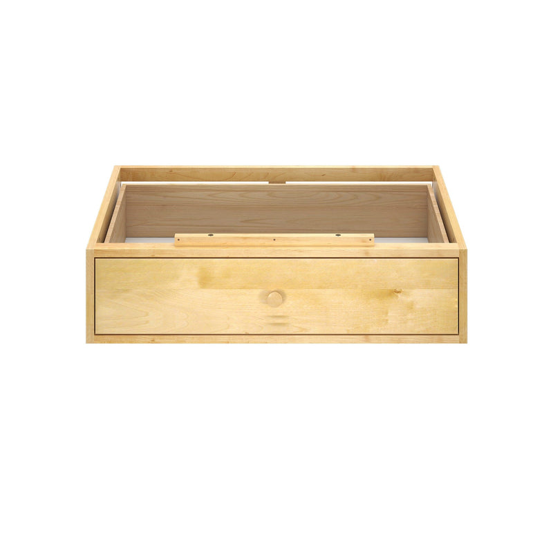 Natural wood storage box with drawer, front view on white background.