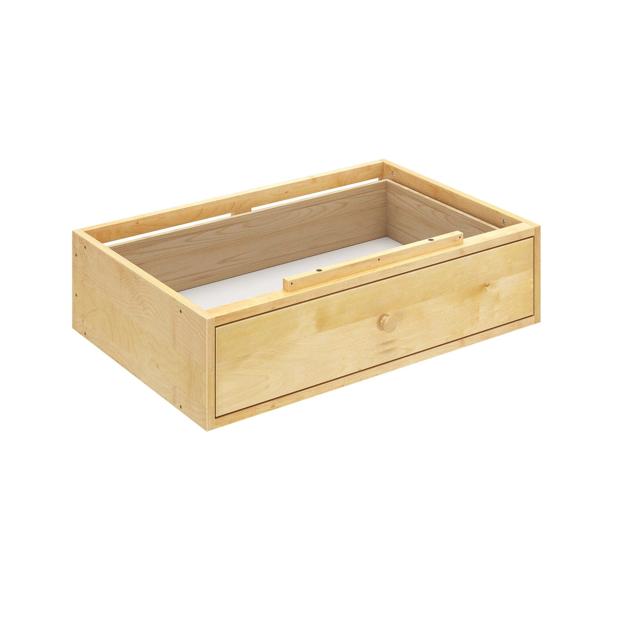 Natural wood drawer box for under-bed storage, perfect for maximizing space in small bedrooms.