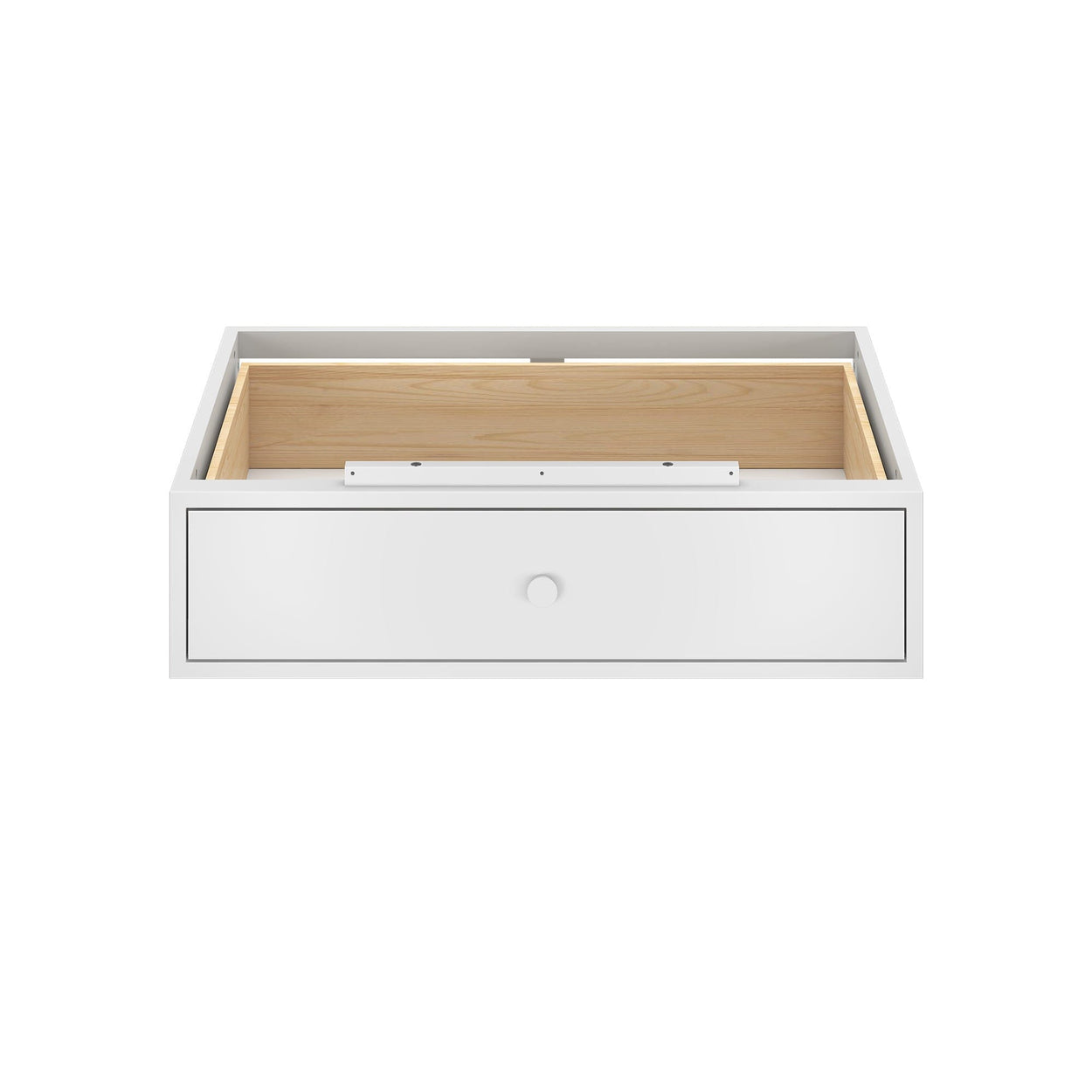 White storage drawer with wooden interior, ideal for organizing and maximizing storage space.