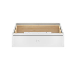 White storage drawer with wooden interior, ideal for organizing and maximizing storage space.
