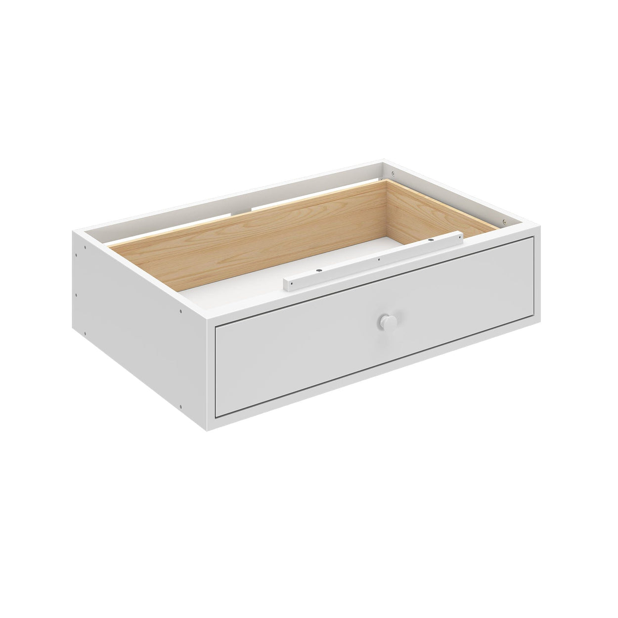White wooden drawer with knob handle, open and empty, showing internal compartments for storage organization.