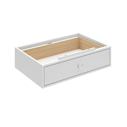 White wooden drawer with knob handle, open and empty, showing internal compartments for storage organization.