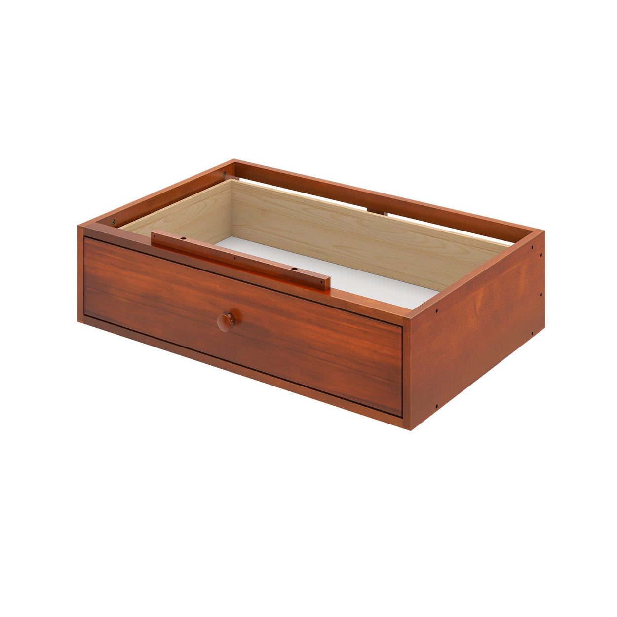 Wooden dresser drawer with a single knob in a rich brown finish on white background.