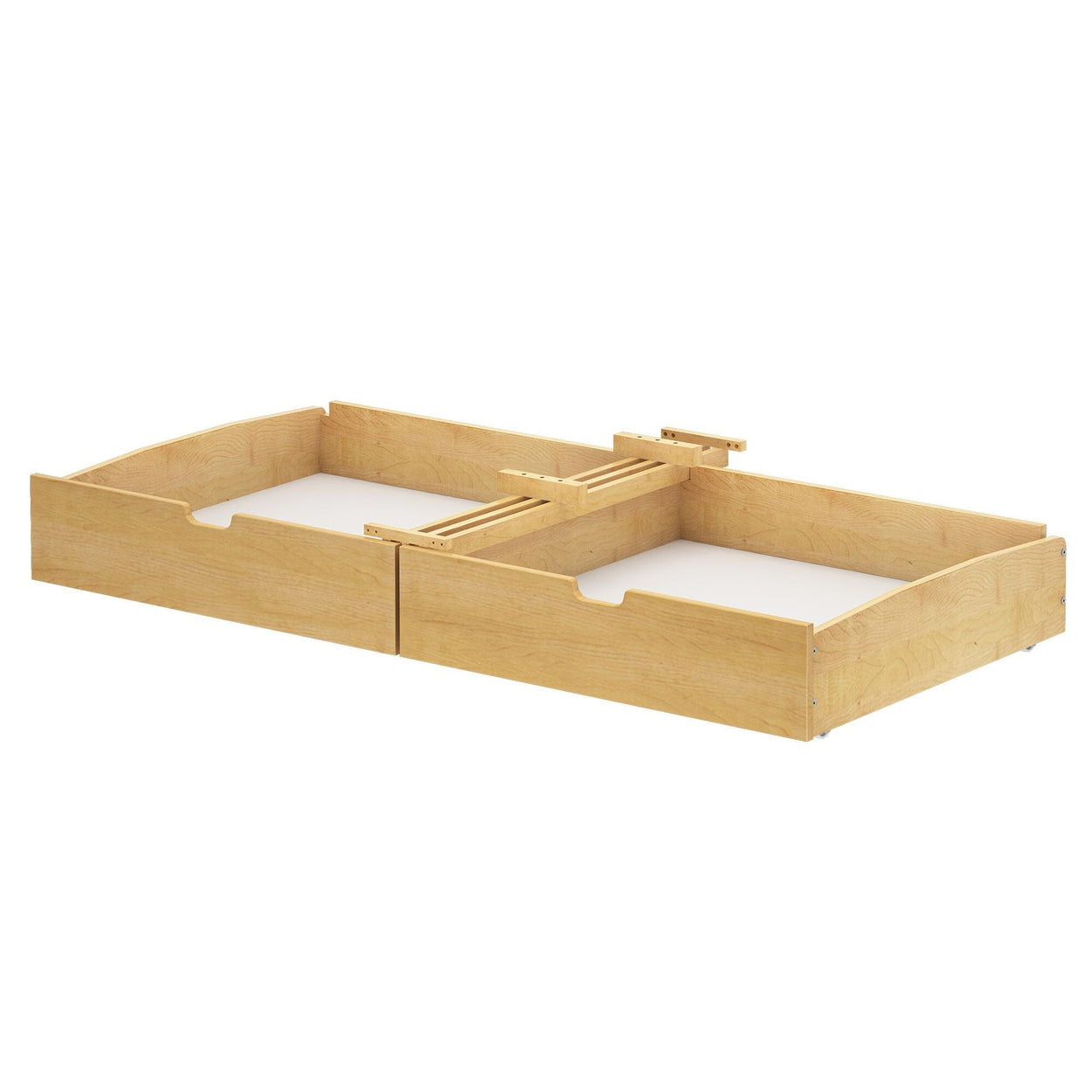 Natural wood trundle drawer for under-bed storage solutions.
