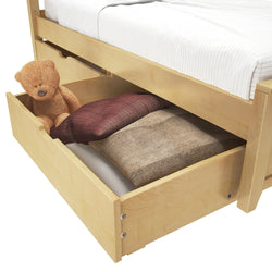 Under-bed storage drawer with teddy bear and pillows for efficient space organization.