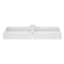 White pull-out drawer organizer for kitchen cabinet storage solutions.