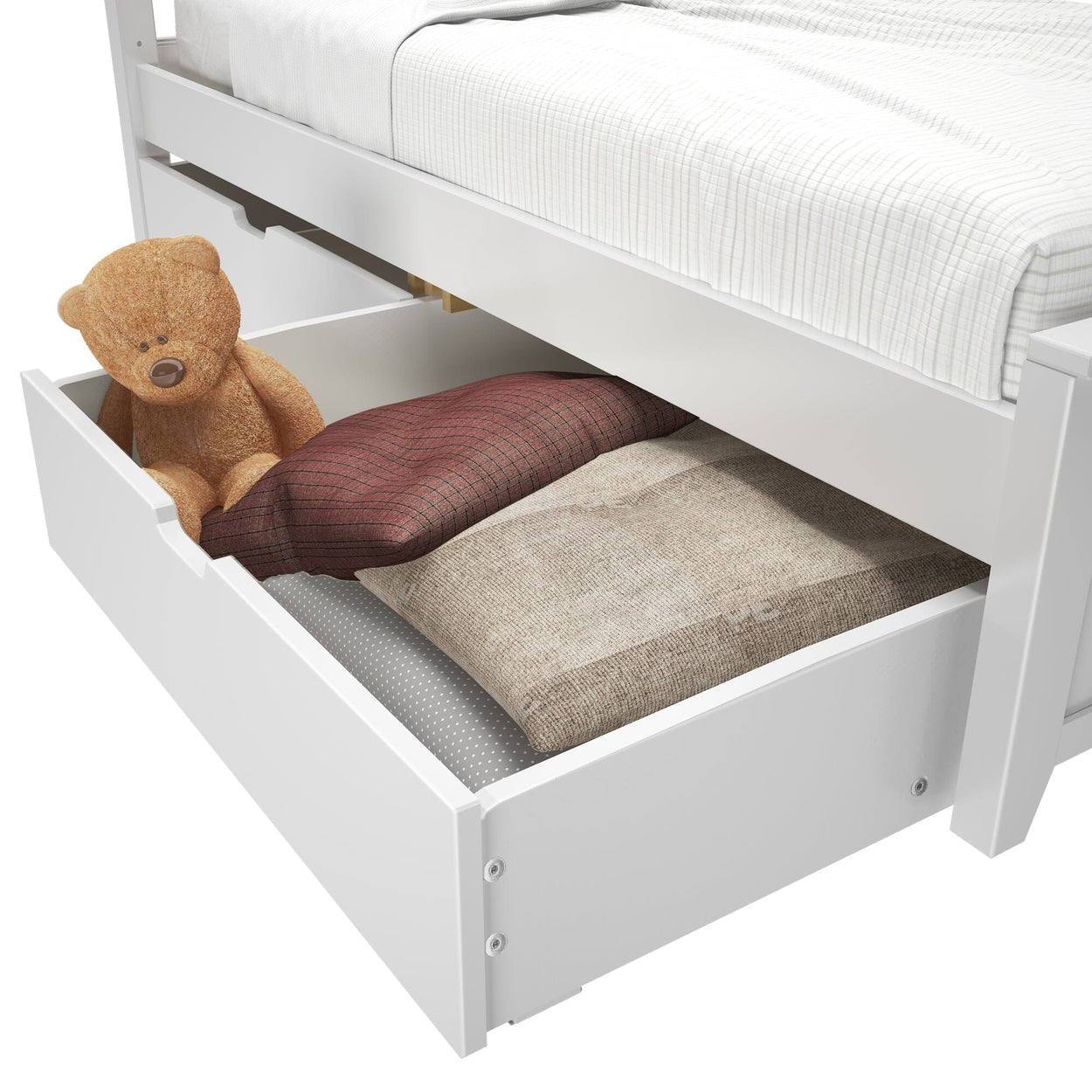 White underbed storage drawer with pillows and a teddy bear, perfect for maximizing bedroom space and organization.