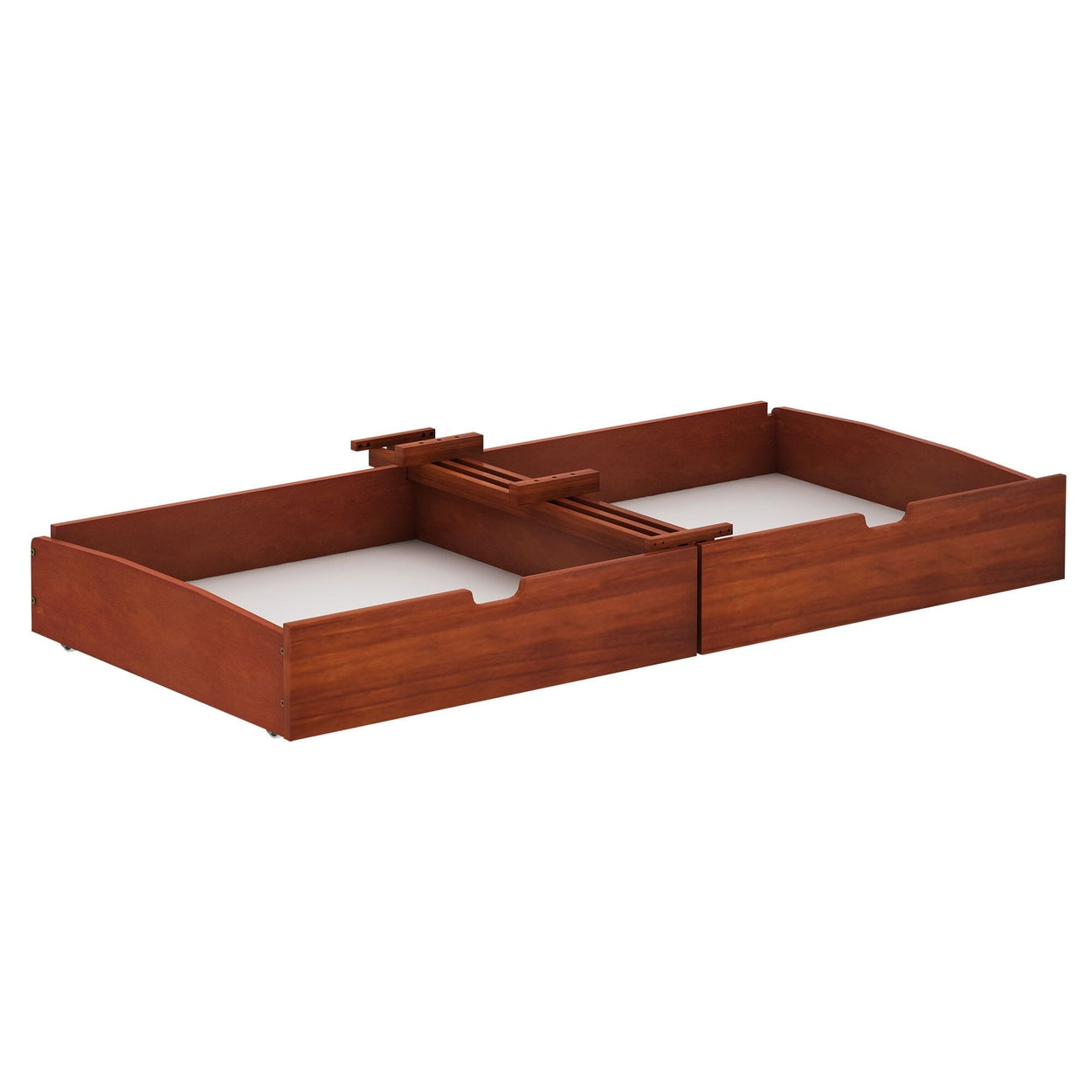 Wooden bed underframe with adjustable slats in cherry finish.
