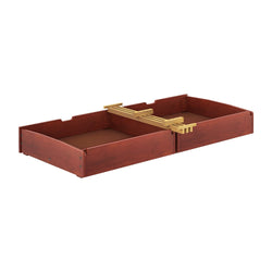 Under bed storage drawer with brass-colored hardware, finished in a rich wood tone for bedroom organization.