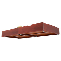Cherry wood snooker ceiling light fixture with clean design and brass details for billiard room decor.