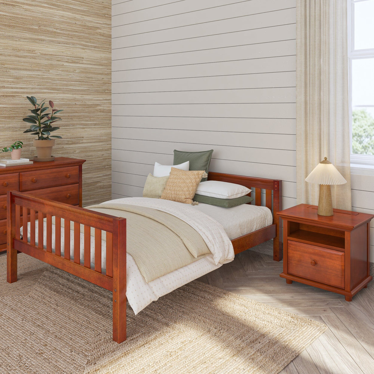 Wooden bedroom furniture set with cozy bed, nightstand, and dresser in a well-lit room, featuring earthy tones and natural decor elements.