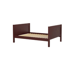 Wooden queen size bed frame with raised headboard and footboard in a rich mahogany finish.