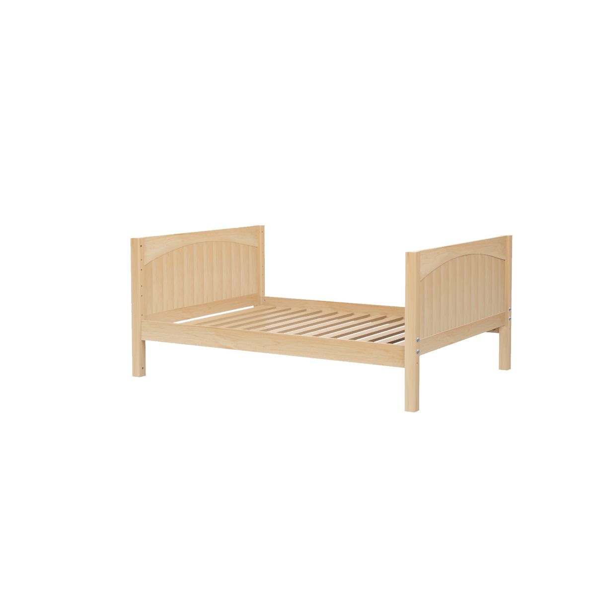 Wooden platform bed frame with slatted base and natural finish.