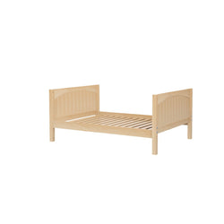 Wooden platform bed frame with slatted base and natural finish.