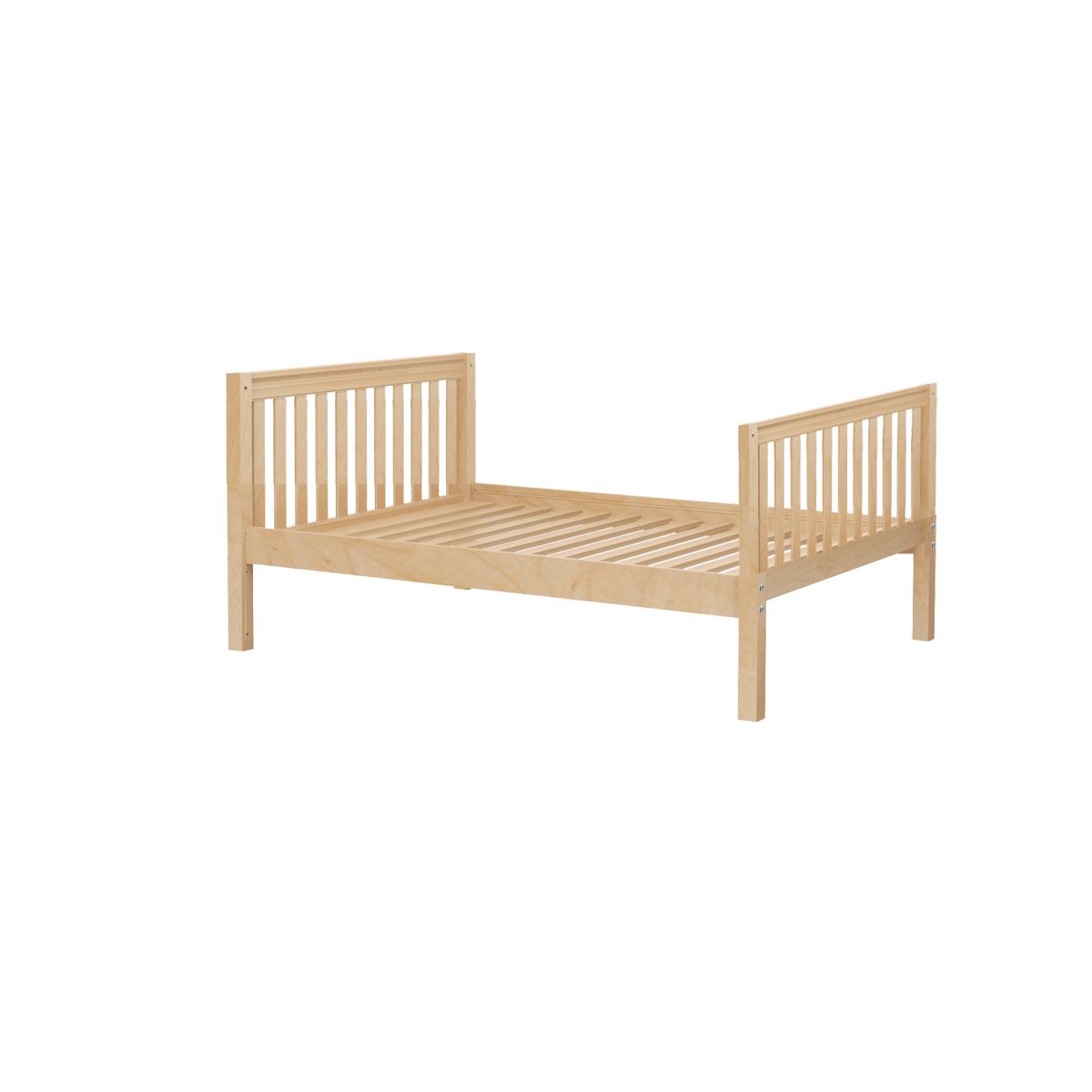 Wooden toddler bed frame with slatted headboard and footboard.