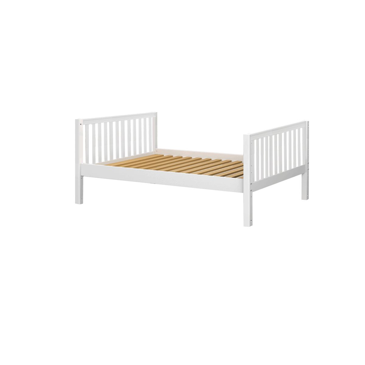 White wooden bed frame with slatted headboard and footboard, modern minimalist design for bedroom decor.