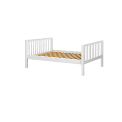 White wooden bed frame with slatted headboard and footboard, modern minimalist design for bedroom decor.