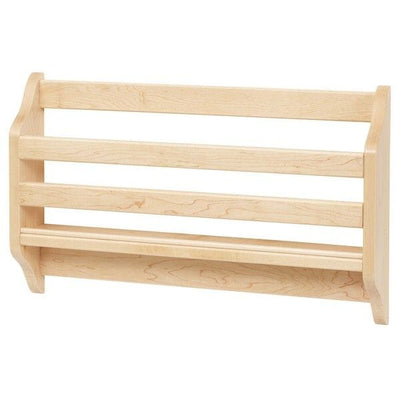 Wooden wall-mounted book display shelf for nursery storage.