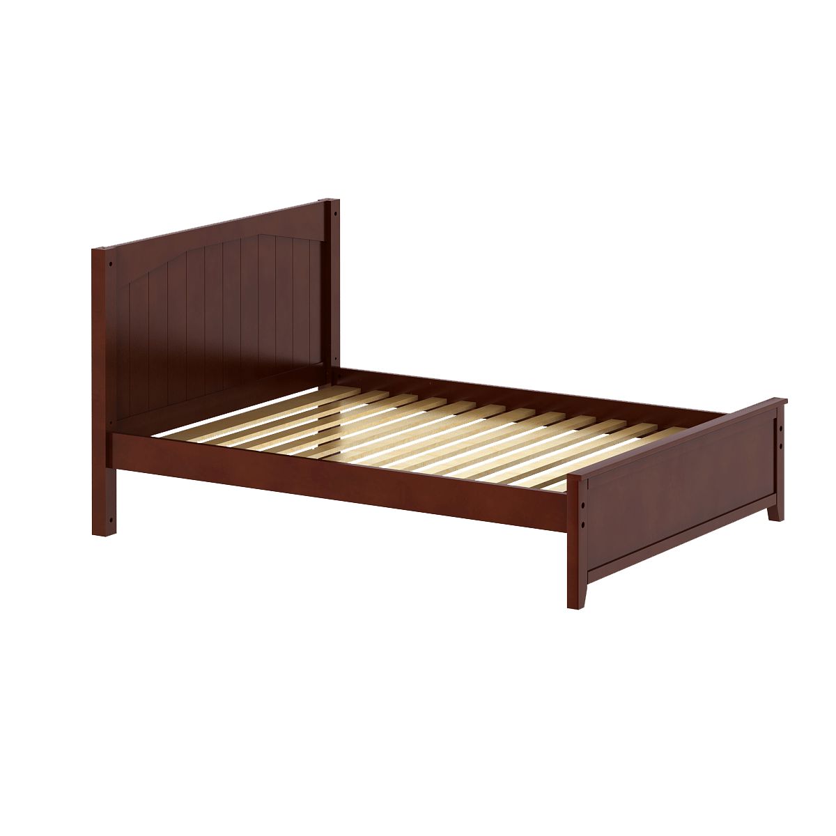 Wooden bed frame with slatted base and headboard in rich brown finish.