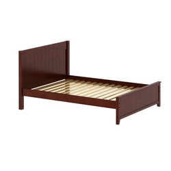 Wooden bed frame with slatted base and headboard in rich brown finish.