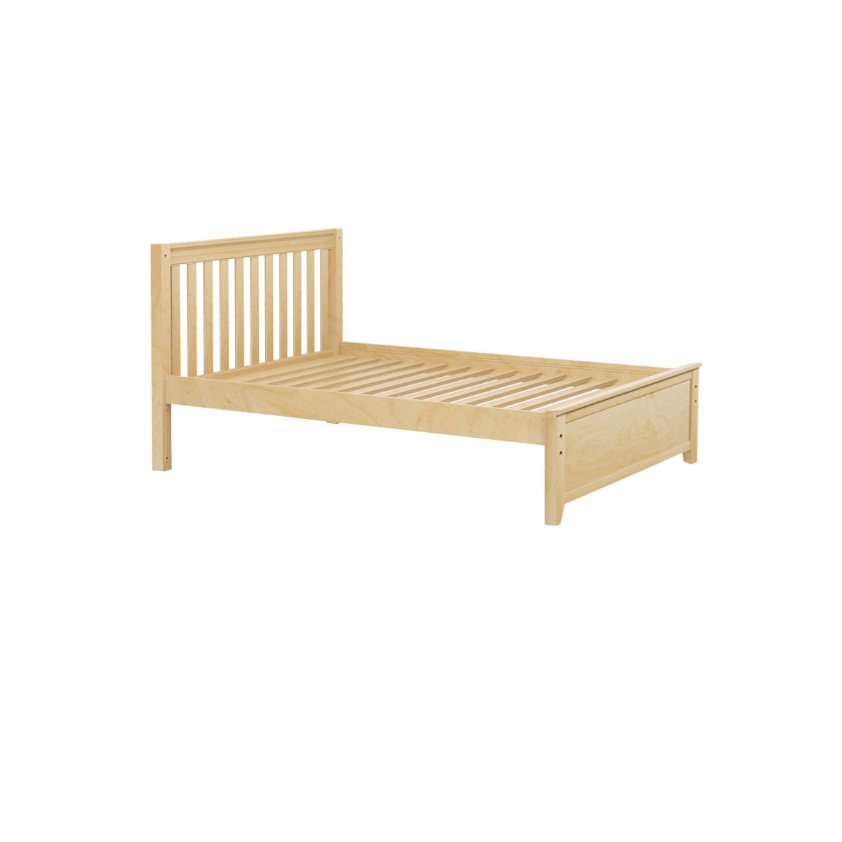 Wooden twin bed frame with slatted headboard and footboard on white background.