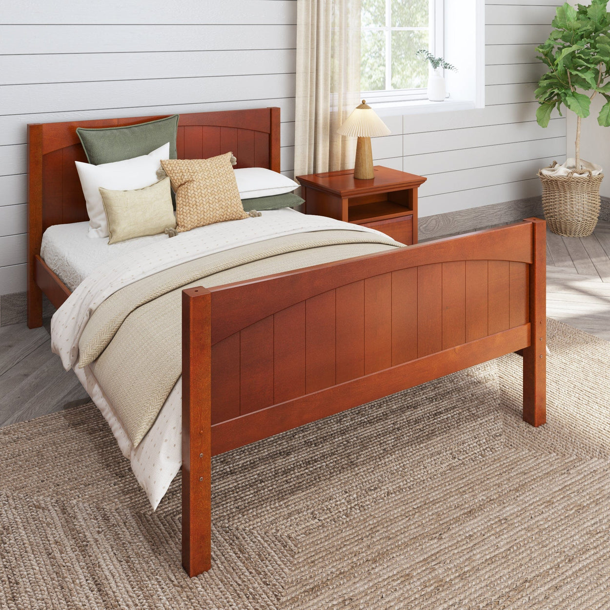 Wooden bed frame in cozy bedroom with neutral bedding and nightstand.