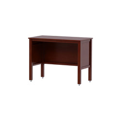 Brown wooden desk with minimalist design and sturdy frame.