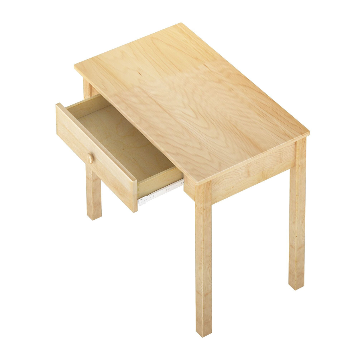 Wooden table with a single open drawer, ideal for home or office use.