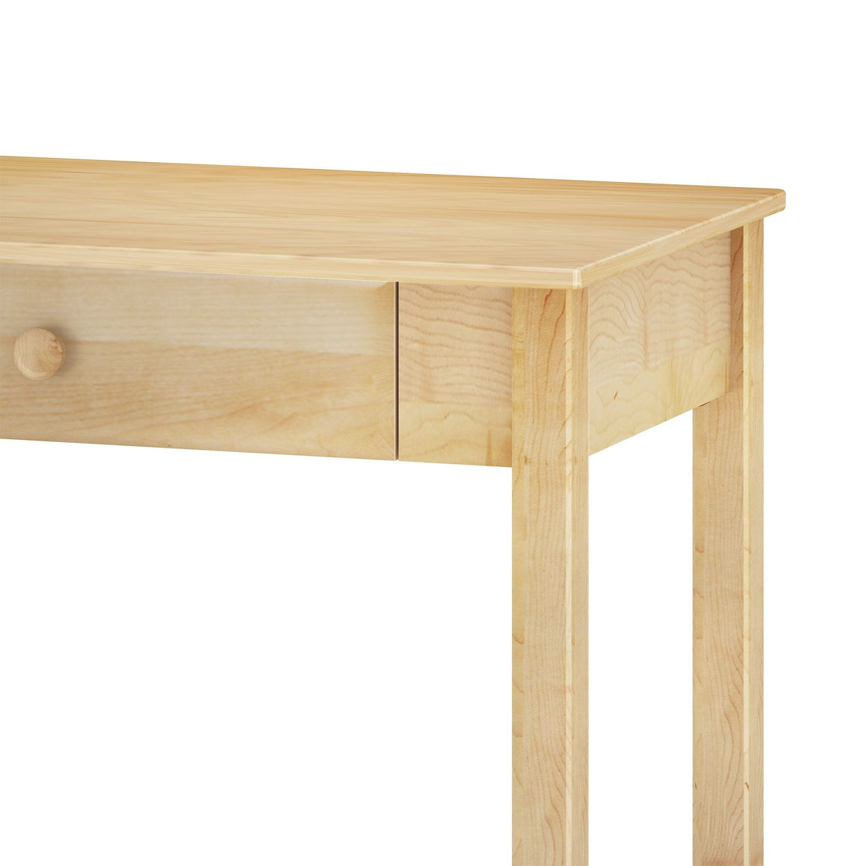 Wooden desk with single drawer and natural finish.