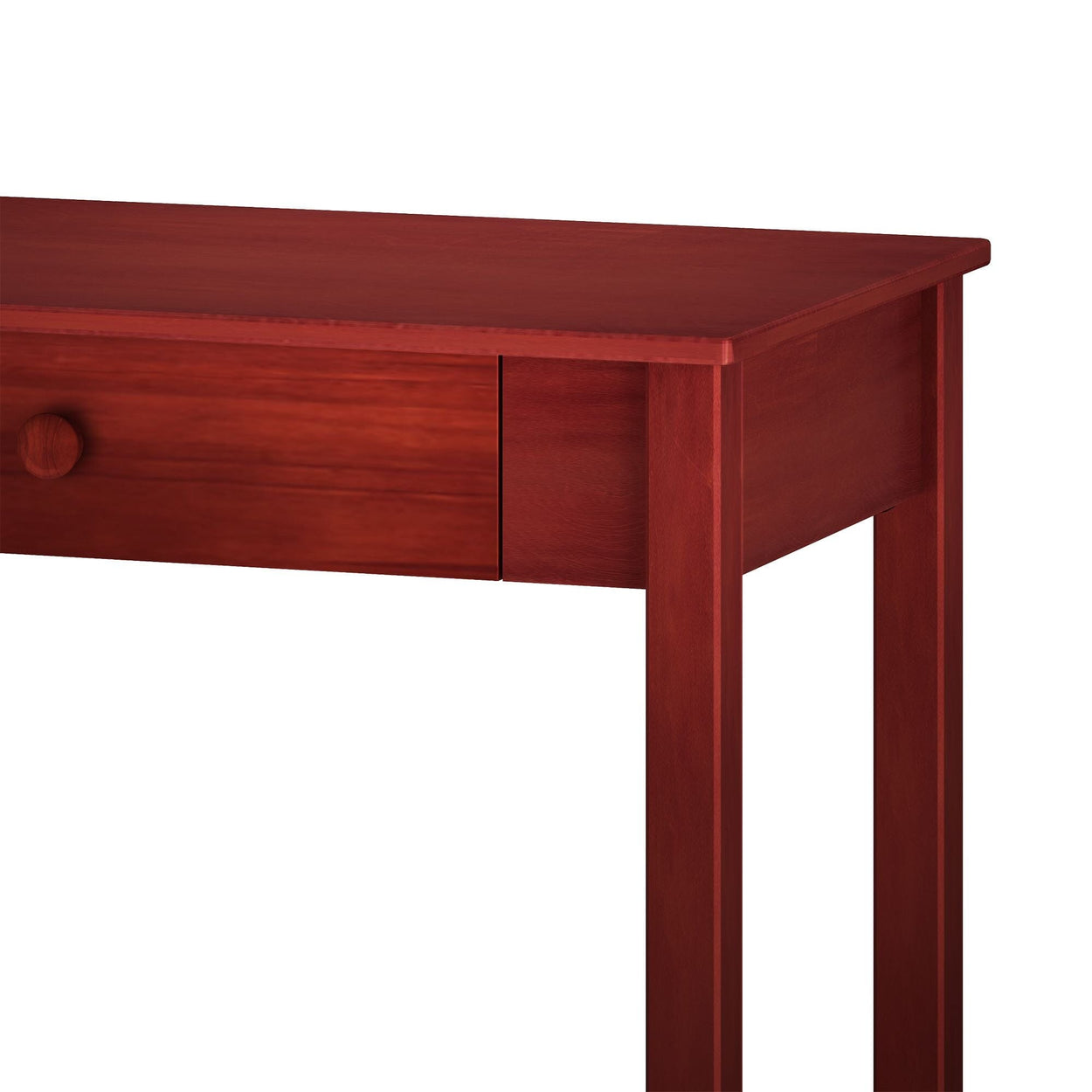 Red wooden desk with a single drawer and minimalist design.