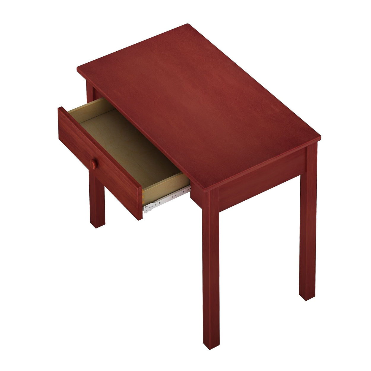 Red wooden desk with an open drawer showing interior storage space.