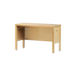 Wooden office desk with storage compartment and minimalist design.