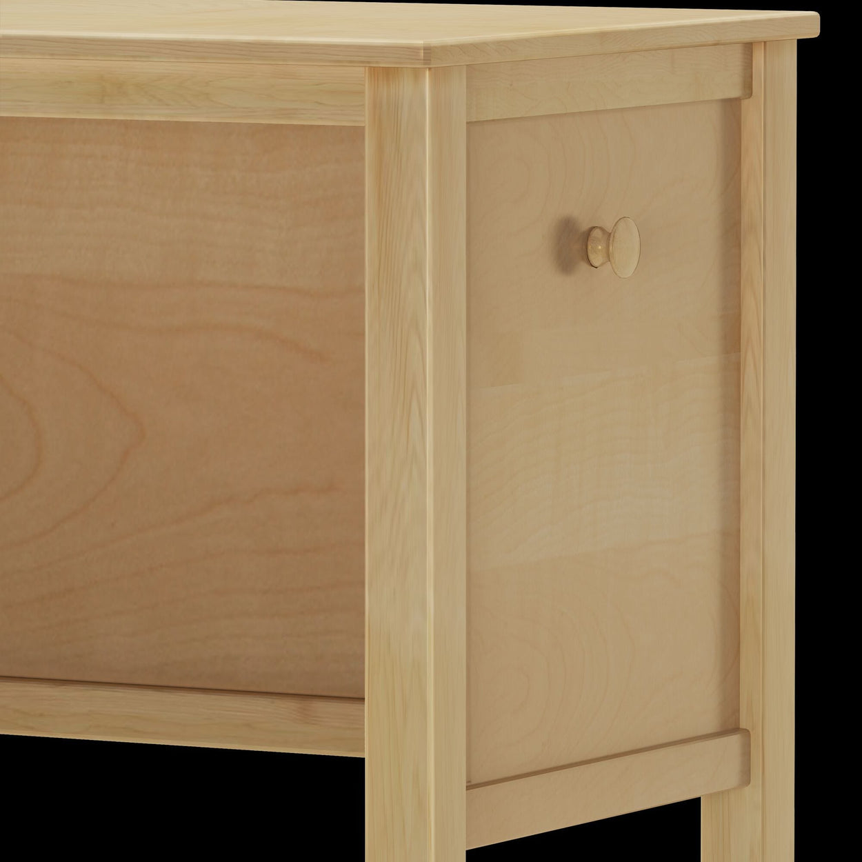 Wooden desk drawer with knob handle in light oak finish.