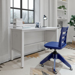Modern home office with white desk, blue ergonomic chair, and window view.