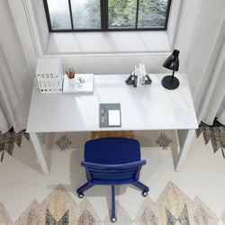 Modern home office setup with a white desk, blue chair, black lamp, books, and a scenic window view.